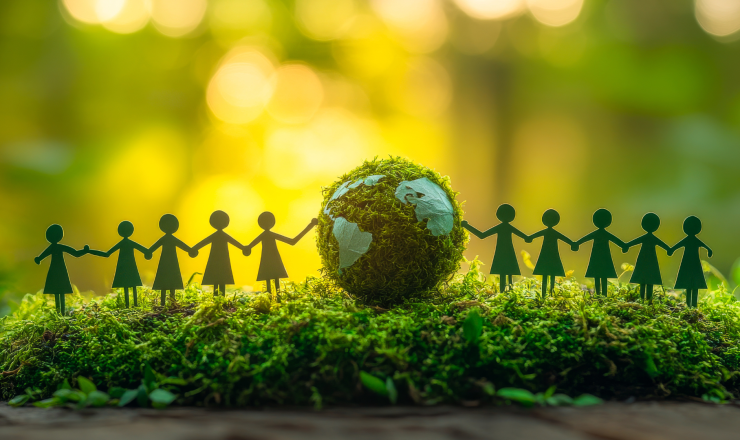 Poppetjes staan hand in hand naast een wereldbol op mos.